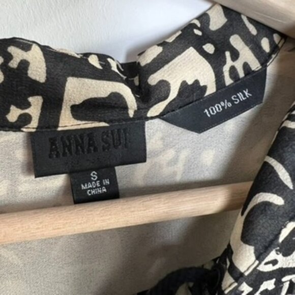 Anna Sui 100% Silk Sheer Black White Red Pattern Lace Up Mini Dress, Size Small - Picture 5 of 9